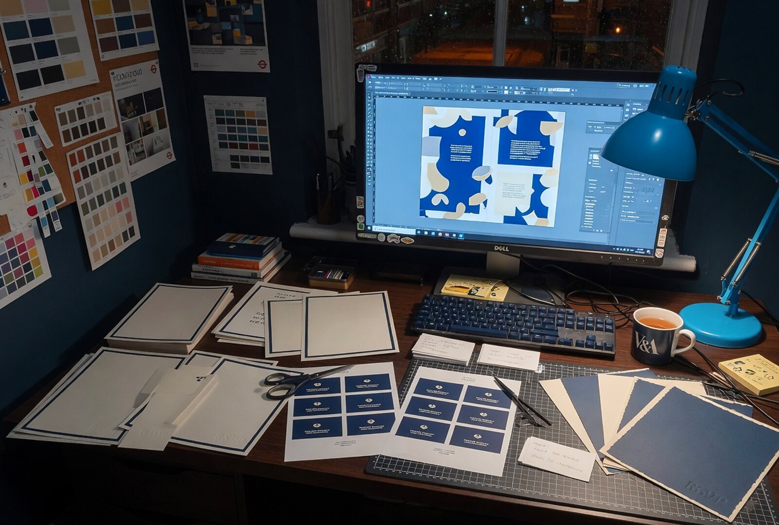Night-time graphic design desk with invitation proofs, a sheet of navy business cards, colour swatches and a monitor showing layout work
