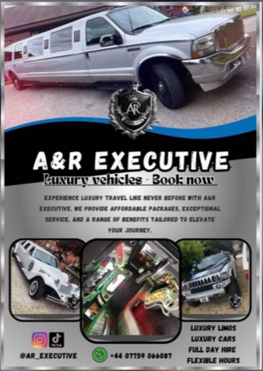 A&R Executive leaflet advertising luxury vehicle hire, with a stretched limousine