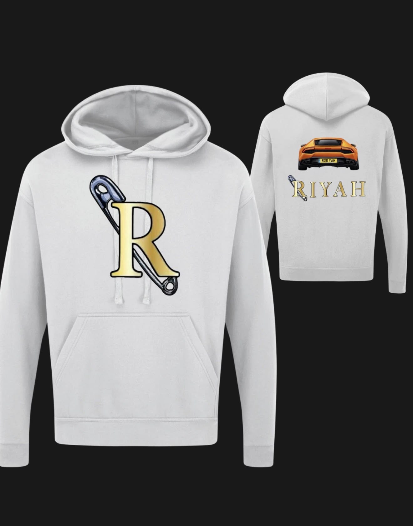 White hoodie mock-up with a gold R and safety pin on the front, and an orange sports car with RIYAH on the back